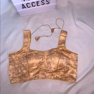 50Y833-RO Cream and Golden Sleeveless Banarasi Saree Blouse